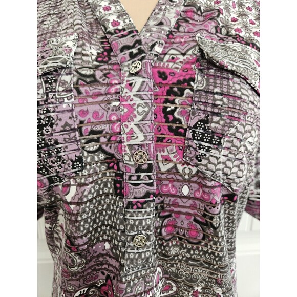 Cathy Daniels Roll Tab Blouse Silvertone Buttons Medallion Pattern Size S - Picture 2 of 9